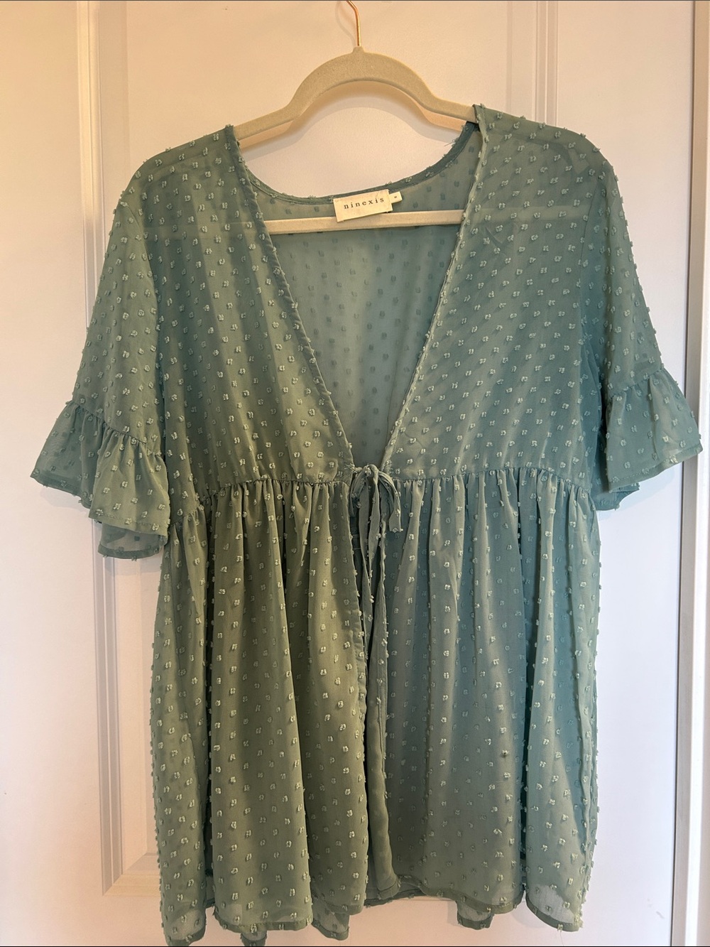 Pixie & Me Sage Green Swiss Dot Tie-Front Blouse